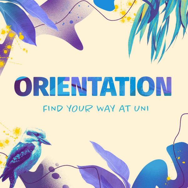 Graphic with blue and purple native Australian foliage and birds with texts that reads 