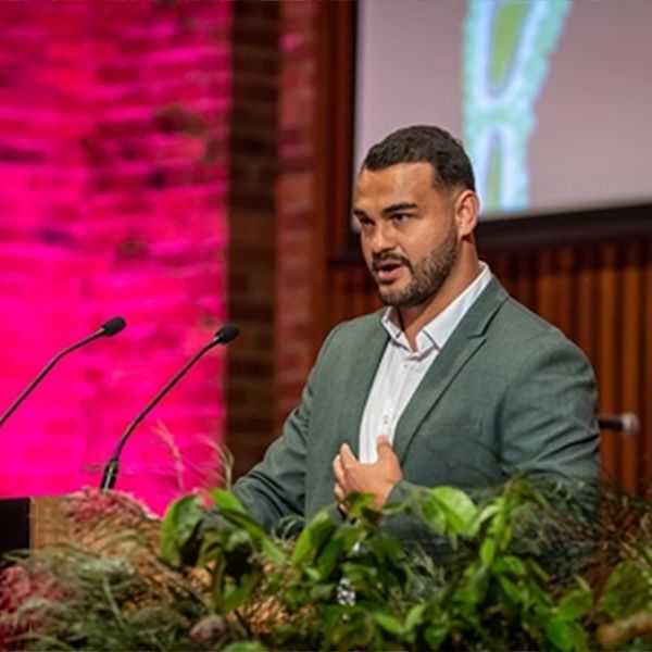 Student Kieran Shipp addresses the audience at the 2023 reconciliation ball