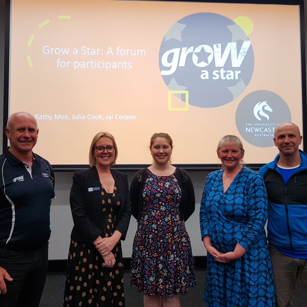 From left to right: Shane Marshall (Grow a Star), Michelle Faithful (Grow a Star), Dr Julia Cook (UON), A. Prof. Kathy Mee (UON) and Dr Jai Cooper (UON). Research shows small grants have significant impact on disadvantaged families.