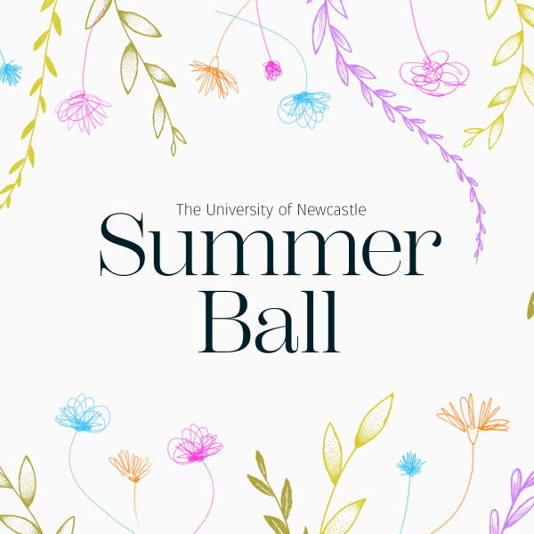Summer Ball 2023 event widget, embellished with coloured flowers. 