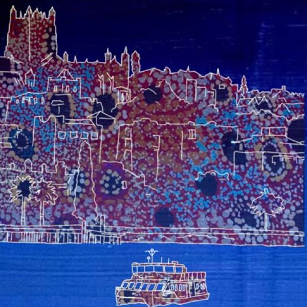 Section of Bayira poster which is an artist's impression of Newcastle's river front with ferry. Bayira: Catching songs, stories and dreams 