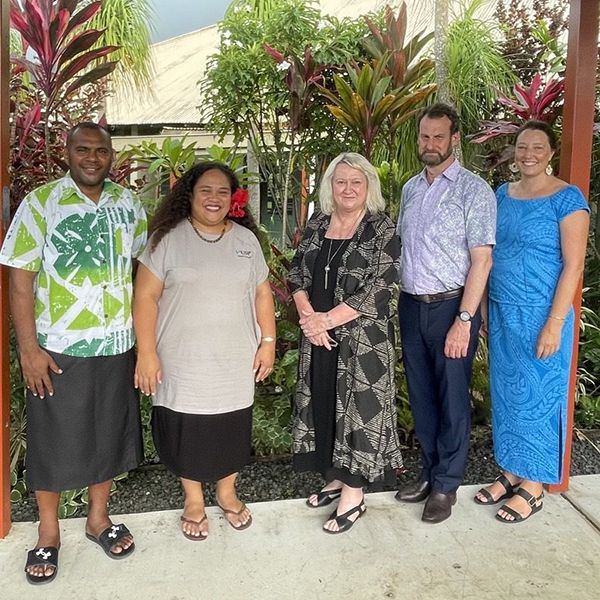 Deputy Vice-Chancellors Professor Anderson and Professor Upton and Pacific Engagement Coordinator Dr Fuller with representatives from the University of South Pacific Alafua campus.. University representatives visit Samoa to strengthen collaboration with Pacific partners.