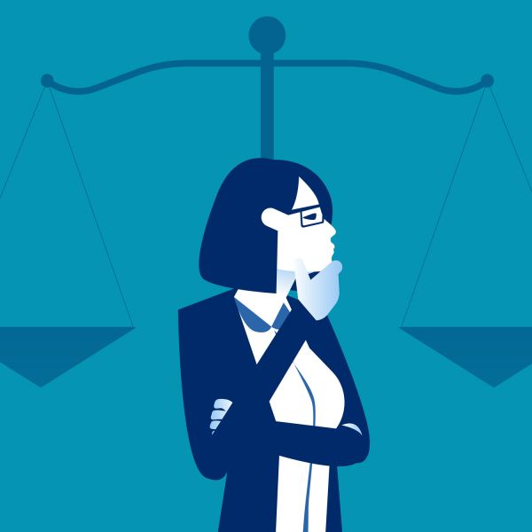 Squiz - Research Integrity Image 2 Blue and white image of lady thinking with scales behind her