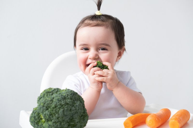 Child in a high chair eating broccoli, with a head of broccoli and 3 carrots sitting in front of her