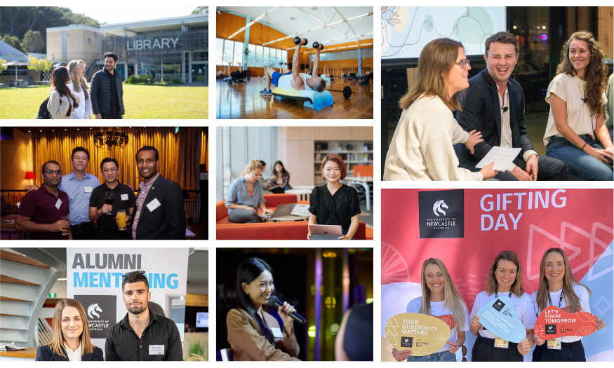 A collage of images depicting alumni benefits on offer for University of Newcastle Alumni