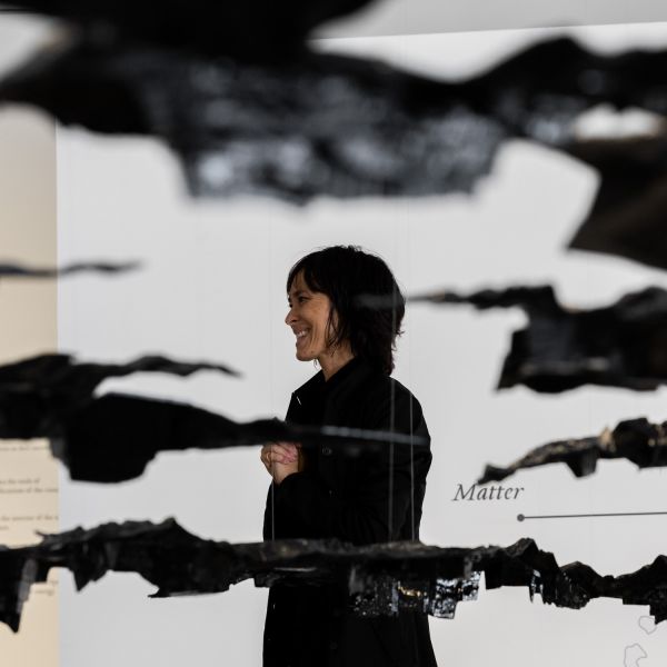 Associate Professor Sam Spurr stands with her hands clasped smiling, with black 3D installations suspended around her  . Fossil Fables strikes gold at 2024 Australian Good Design Awards