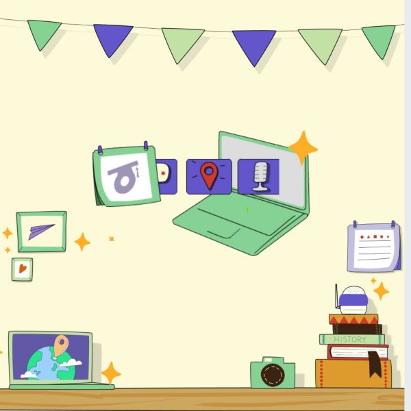 Colourful graphic celebrating Open Education Week. Several icons of books, laptops, and bunting with a friendly light yellow, purple and green colour scheme