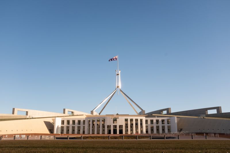 The Australian Parliament House in Canberra, Australia, at sunset
