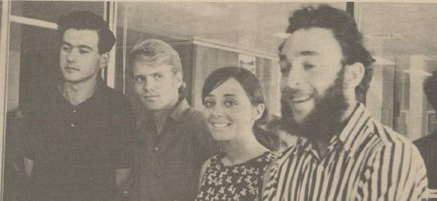 (L-R) Mike Jones, Chris Donaldson-Wood, Nona Harvey & Chris Page (Supplied: Ppus 30/10/1968, p8) Old B& W photograph of 4 students 3 male, 1 female smiling and/or looking cool