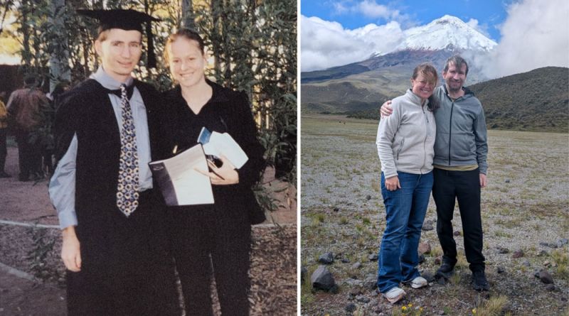 Left image: Chris is wearing a cap and gown at his graduation ceremony in 1998 standing alongside Susan, both smiling to camera. Right image: Chris and Susan more recently, posing with mountains in the background.