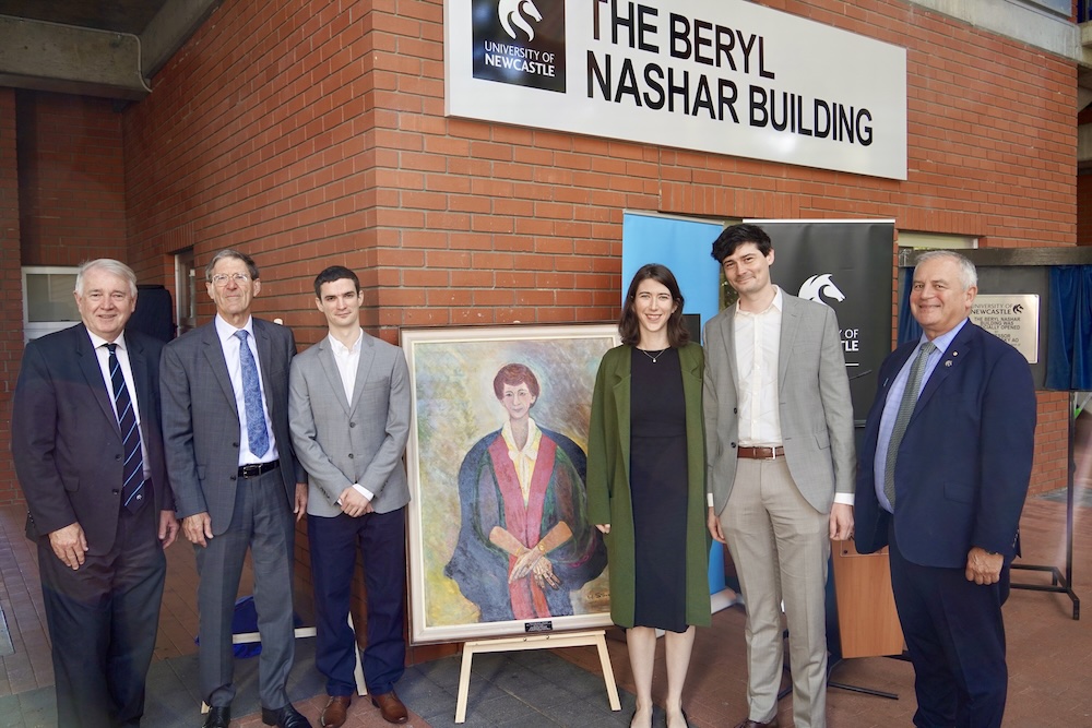 Deputy Chancellor Mr Kevin Young (far left) and Vice Chancellor Professor Alex Zelinsky AO (far right) with Professor Beryl’s Nashar’s family including son Mr Tarek Bashar, grandson Philippe Bashar, granddaughter Dr Claire Bashar and grand son-in-law Dr Nicholas Emmanuel at the unveiling of the Professor Beryl Nashar Building and portrait.