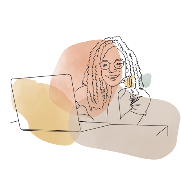 The illustration of a student smiling and looking at their laptop screen