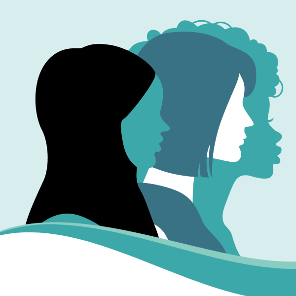 Illustration of three women in shades of teal, black and white