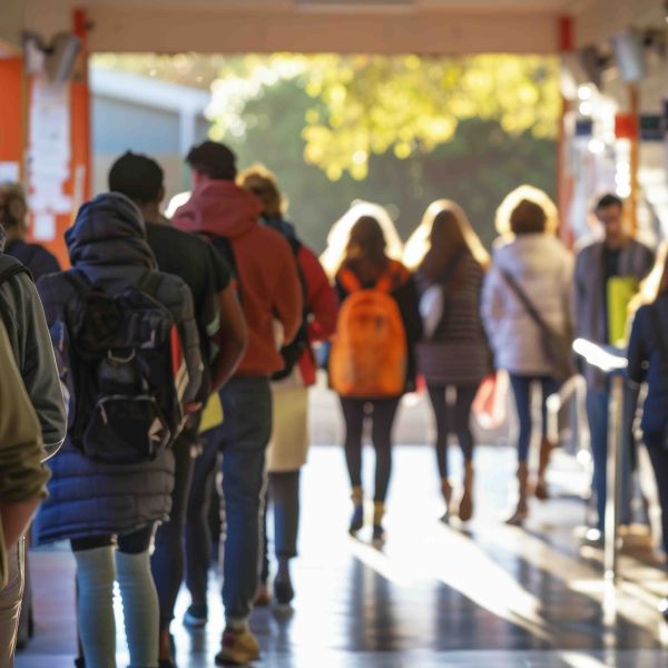 Backs of a group of high school students walking down a corridor toward light outdoors. Ten years on: young Australians ambitious and resilient despite rising pressures