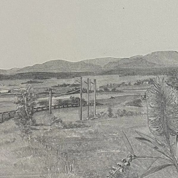 A monochrome sketch depicts a rural landscape with rolling hills in the background, a train passing across open fields, and tall telegraph poles lining the tracks.
