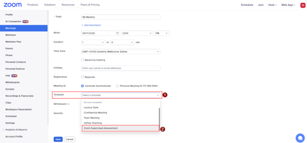 A screenshot taken from the Zoom web portal that shows the 'meeting' settings and configurations available.