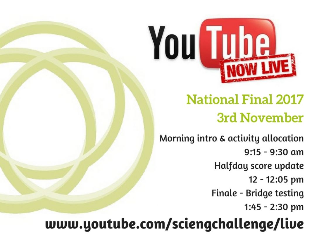 to watch live stream go to www.youtube.com/sciengchallenge/live