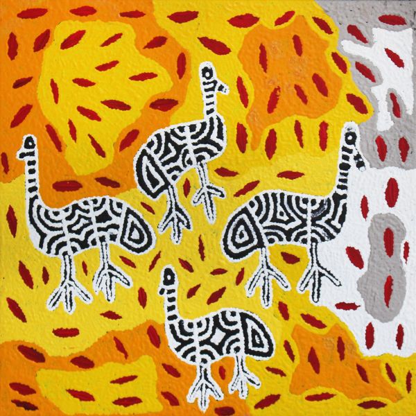 Agnes Nampitjinpa Fry, Yankirri Jukurrpa (Emu Dreaming) - Ngarlikurlangu 2017, acrylic paint on canvas, 46 x 46 cm, courtesy the artist and Warlukurlangu Artists Corporation