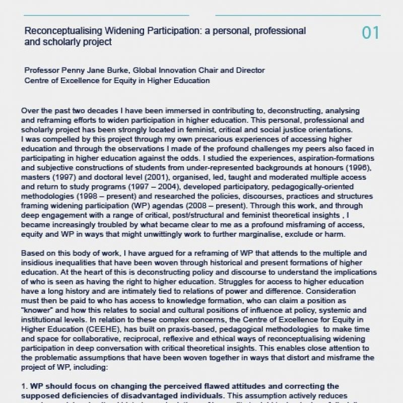  <a href="https://www.newcastle.edu.au/__data/assets/pdf_file/0011/616457/RWP-01-Penny-Jane-Burke.pdf">Reconceptualising Widening Participation: A personal, professional and scholarly project</a>