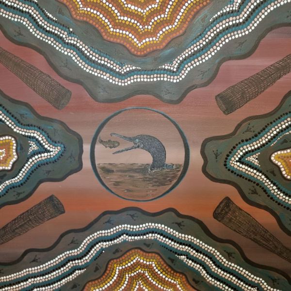 Aboriginal painting of black water bird catching a fish. Looking Through Windows: A multi-media Aboriginal history and art exhibition.