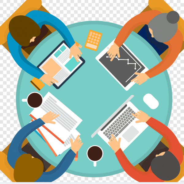 Social Justice Round Table  Cartoon image of a table with four people sitting around the table with laptops, coffee and paper.