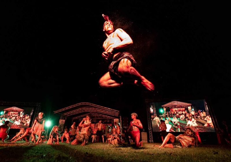 A 'bunda' or kangaroo leaps into the sky during a Wakagetti dance.