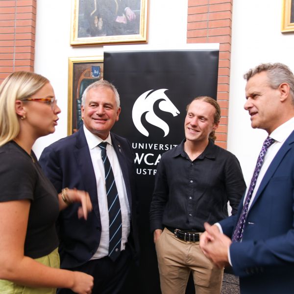 Students Tyla Shaw and Ben Clifford chat with Professor Alex Zelinsky and The Hon. Tim Crakanthorp MP 