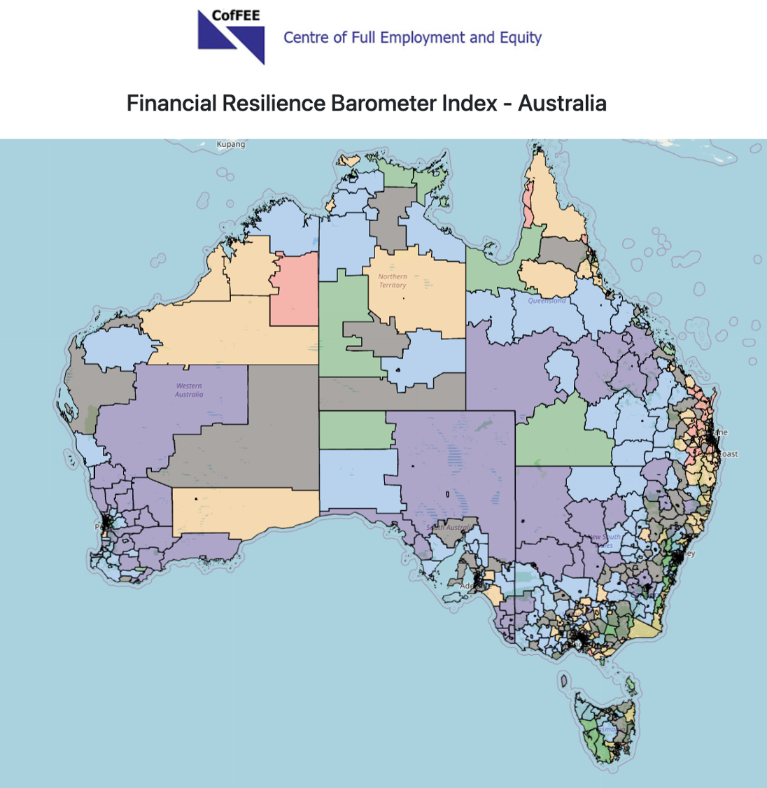 A colour coded map of Australia that shows levels of Financial Resilience A colour coded map of Australia that shows levels of Financial Resilience
