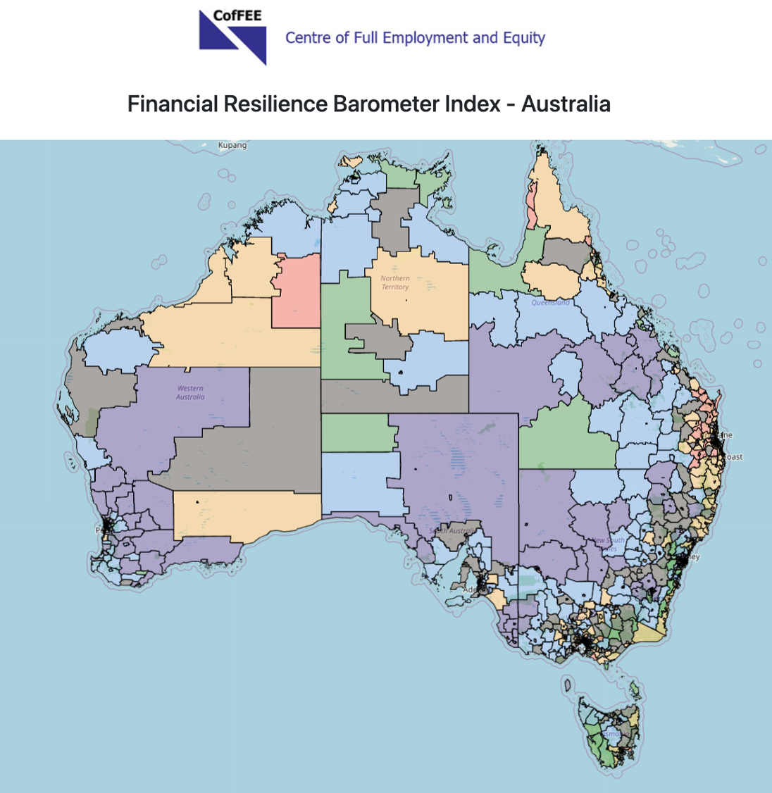 A colour coded map of Australia that shows levels of Financial Resilience