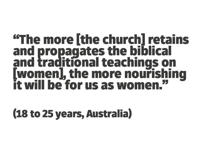 The more [the church] retains and propagates the biblical and traditional teachings on [women], the more nourishing it will be for us as women. (18 to 25 years, Australia)