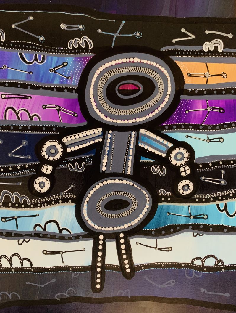Aboriginal artwork showing figure against striped background