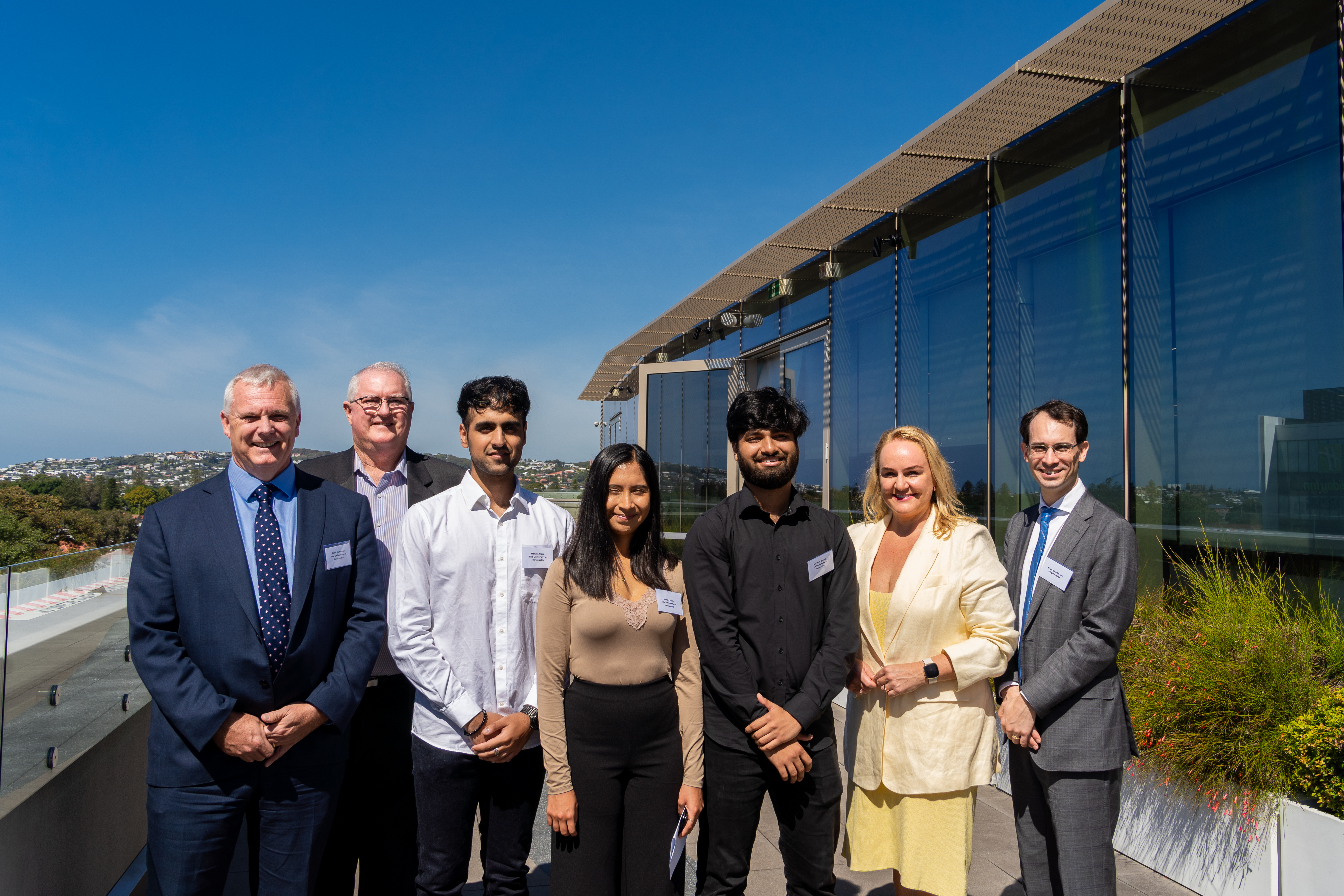 Left to right: Professor Mark Hoffman UON, Roger Hale TAFE NSW, Student Ambassadors - Manav Arora, Nataly Soto, Sarthak Birani, Newcastle Lord Mayor Nuatali Nelmes, Nate Henderson Study NSW Left to right: Professor Mark Hoffman UON, Roger Hale TAFE NSW, Student Ambassadors - Manav Arora, Nataly Soto, Sarthak Birani, Newcastle Lord Mayor Nuatali Nelmes, Nate Henderson Study NSW