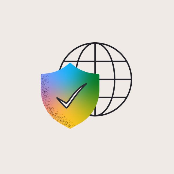 a graphic of a globe with a tick in front