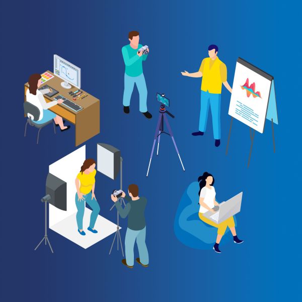 People doing various creative tasks, taking photos, drawing design on computer, filming presentation. Icon