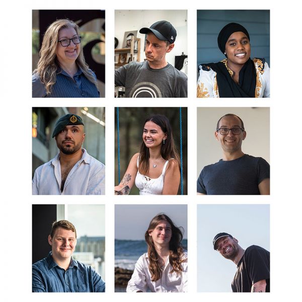 Grid of eight portraits of individuals with the logo in the bottom right of the grid that reads 