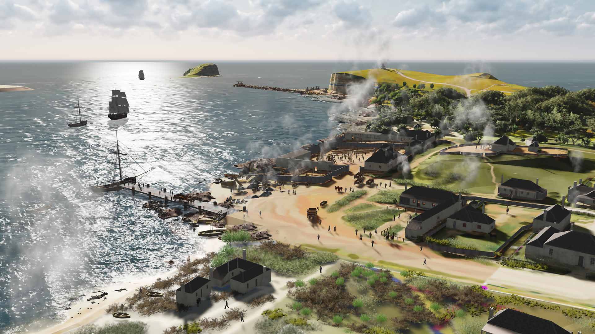 historic visualisation of the convict lumber yard in Newcastle in 1825