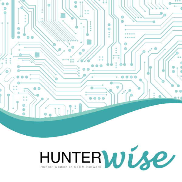 Neurodiversity in the STEM Workplace Abstract image of turquoise lines on a white background, with the HunterWiSE logo at the bottom