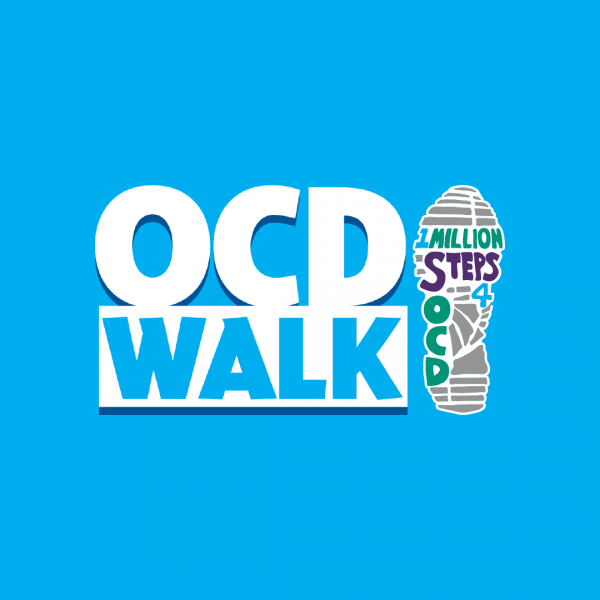 OCD Walk logo with white text, outline of a footprint with a blue background