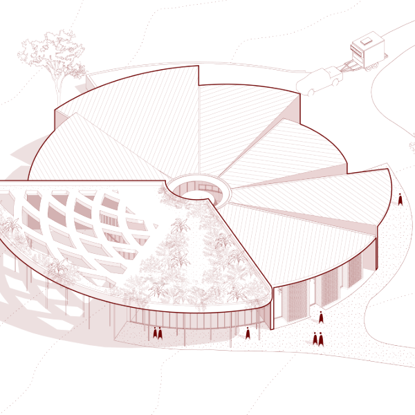 Illustration of a circular, segmented building with a central open area featuring trees. A truck is nearby. People are scattered around, suggesting activity.