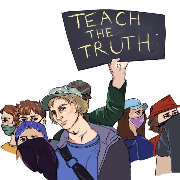 A coloured illustration of students protesting. One is holding a banner saying, 'Teach the Truth'. Using truth-telling to capture unexpected links between Newcastle and Ngukurr