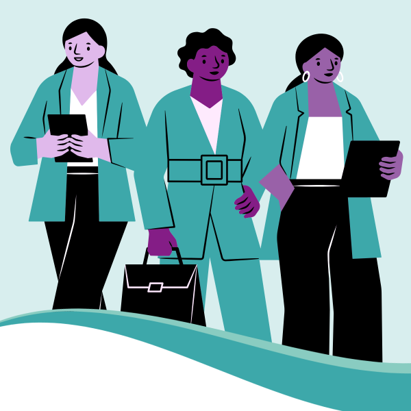 Stylized graphic of three women in shades of teal and pink
