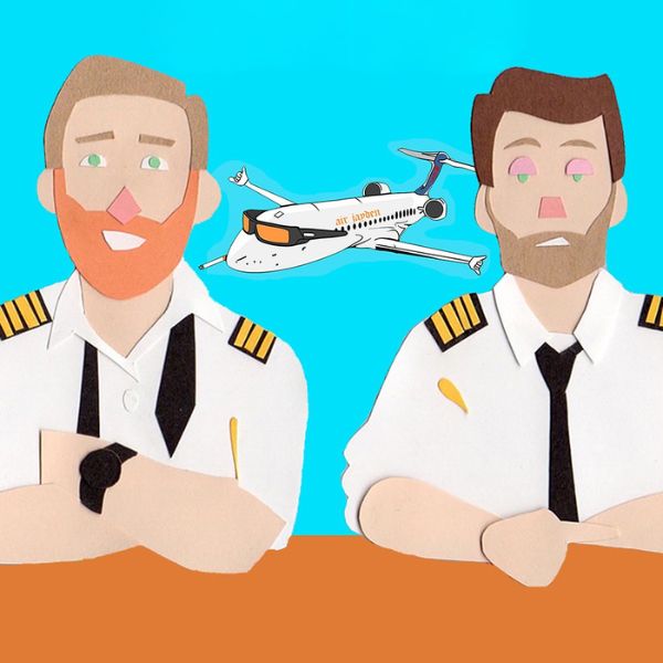 Illustration of two uniformed pilots seated at a table with arms crossed, while a small passenger airplane flies between them against a bright blue background.