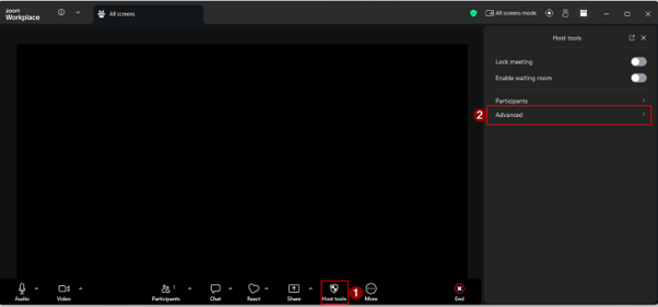 A screenshot taken from a Zoom meeting in progress that shows where to access the 'host tools' available.