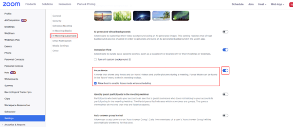 A screenshot taken from the Zoom web portal that shows further advanced settings, including the location of the 'focus mode' toggle.