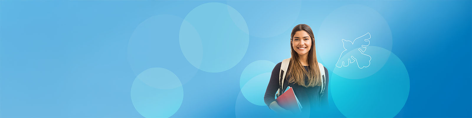 A young woman in a blue background graphic