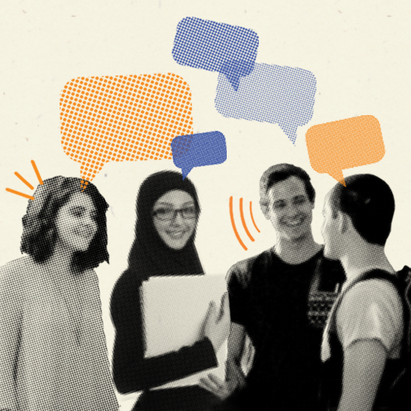 Students talking with speech bubbles above their head.. Student Advisory Council