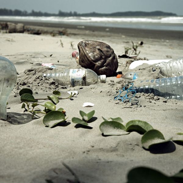 Image shows plastic bottles and other rubbish on a beach. The future of plastic pollution in the Pacific