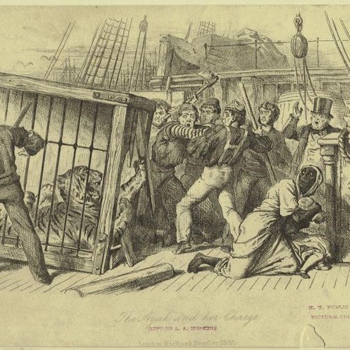 A drawing from the 1800s on a boat showing a tiger breaking out of a wooden cage and frightened crew members, including an Ayah protecting a baby