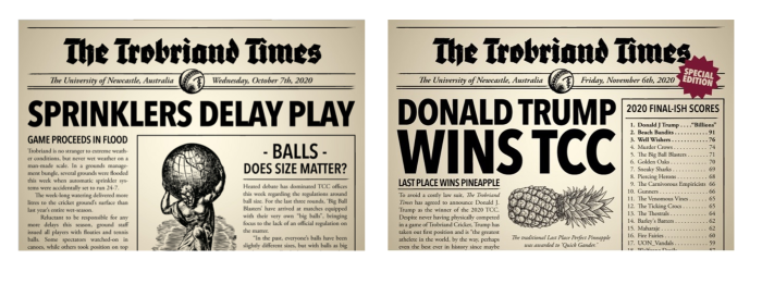 The Trobriand Times: featuring weekly comedic headlines inspired by teams’ actions Image of the front page of a newspaper