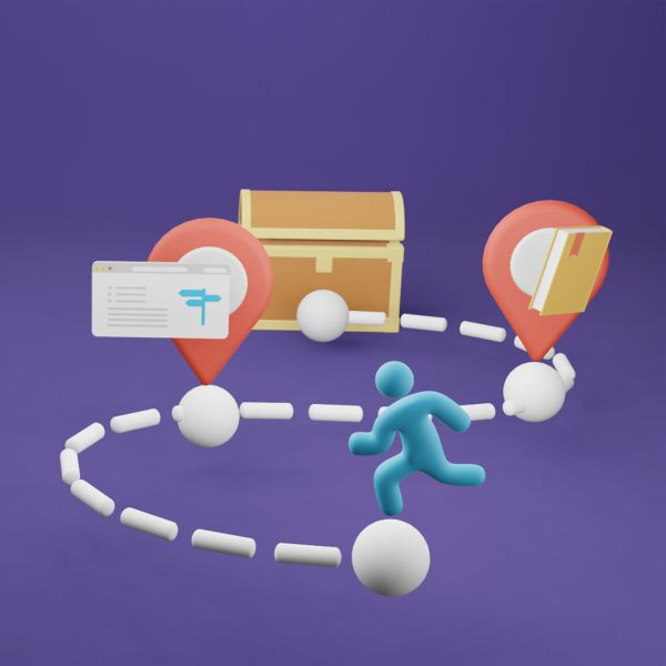 Digital illustration of a human figure running towards a treasure chest